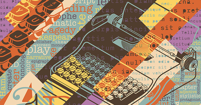 An illustration of a typewriter with various colored stripes running across it, containing word clouds, typed lines, typewriter key illustrations