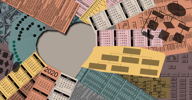 An illustration of charts, budgets and calendars surrounding a heart-shaped space