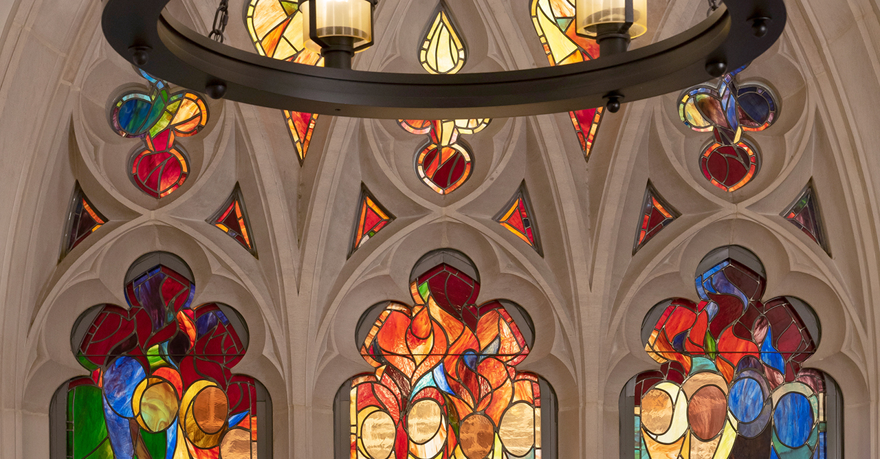 Stained glass window in Duke Divinity School's Westbrook building depicts Pentecost.