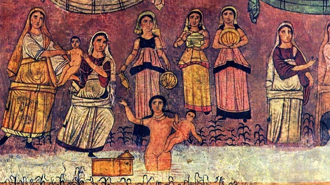 A fresco depicts pharaoh's daughter finding Moses; it is the earliest surviving artistic depiction of the scene, and was found in the Dura-Europos synagogue in Syria.