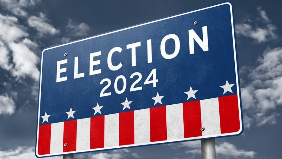 A billboard reads ''ELECTION 2024''