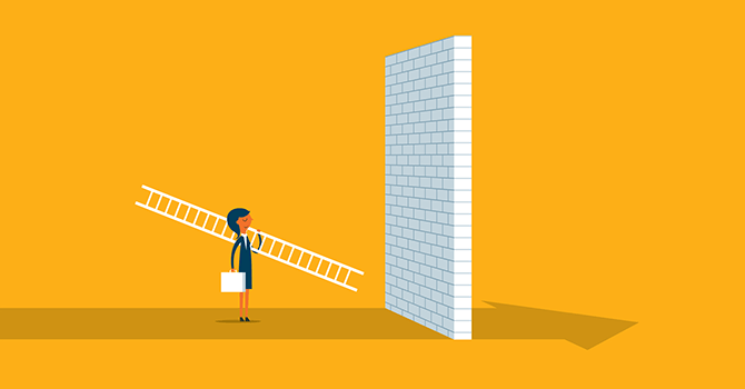 An illustration of a woman standing in front of a brick wall with a ladder and briefcase