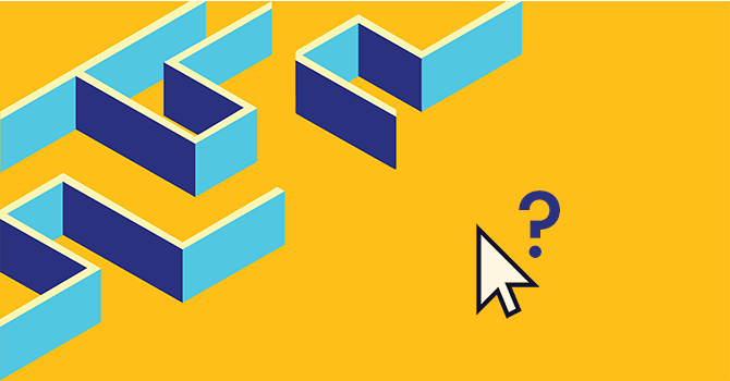 Illustration of a maze with a computer mouse hovering over the entrance