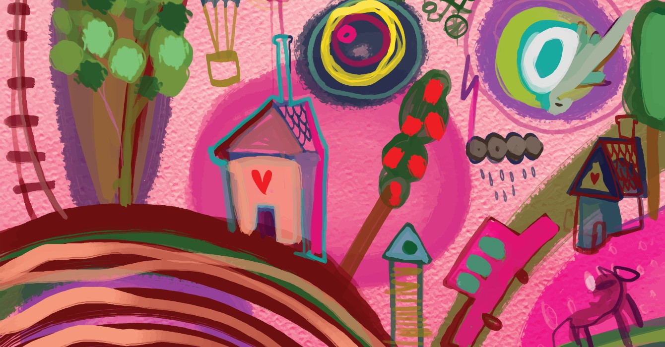 Illustration of a community featuring a house, car, and trees