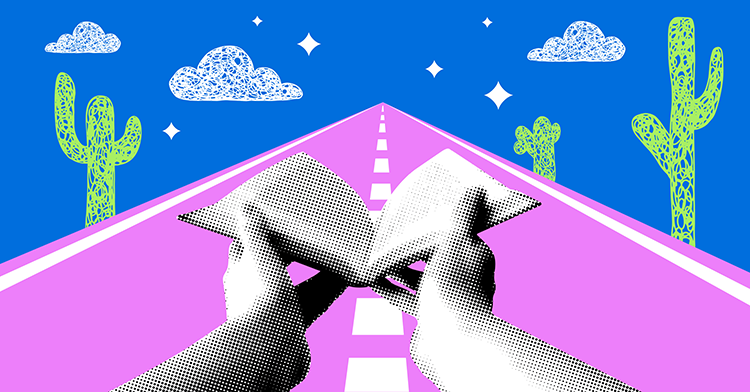 Illustration of a person with a Bible open walking down a road