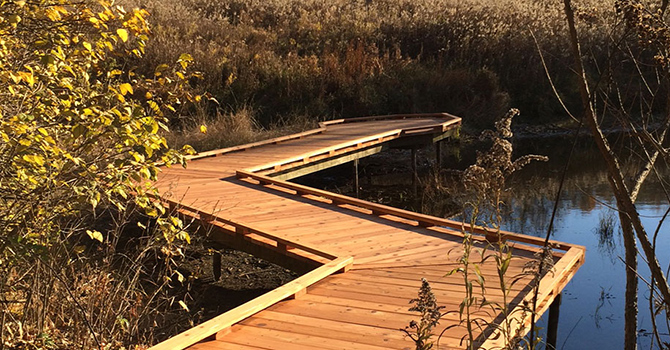 A zigzagging bridge over water