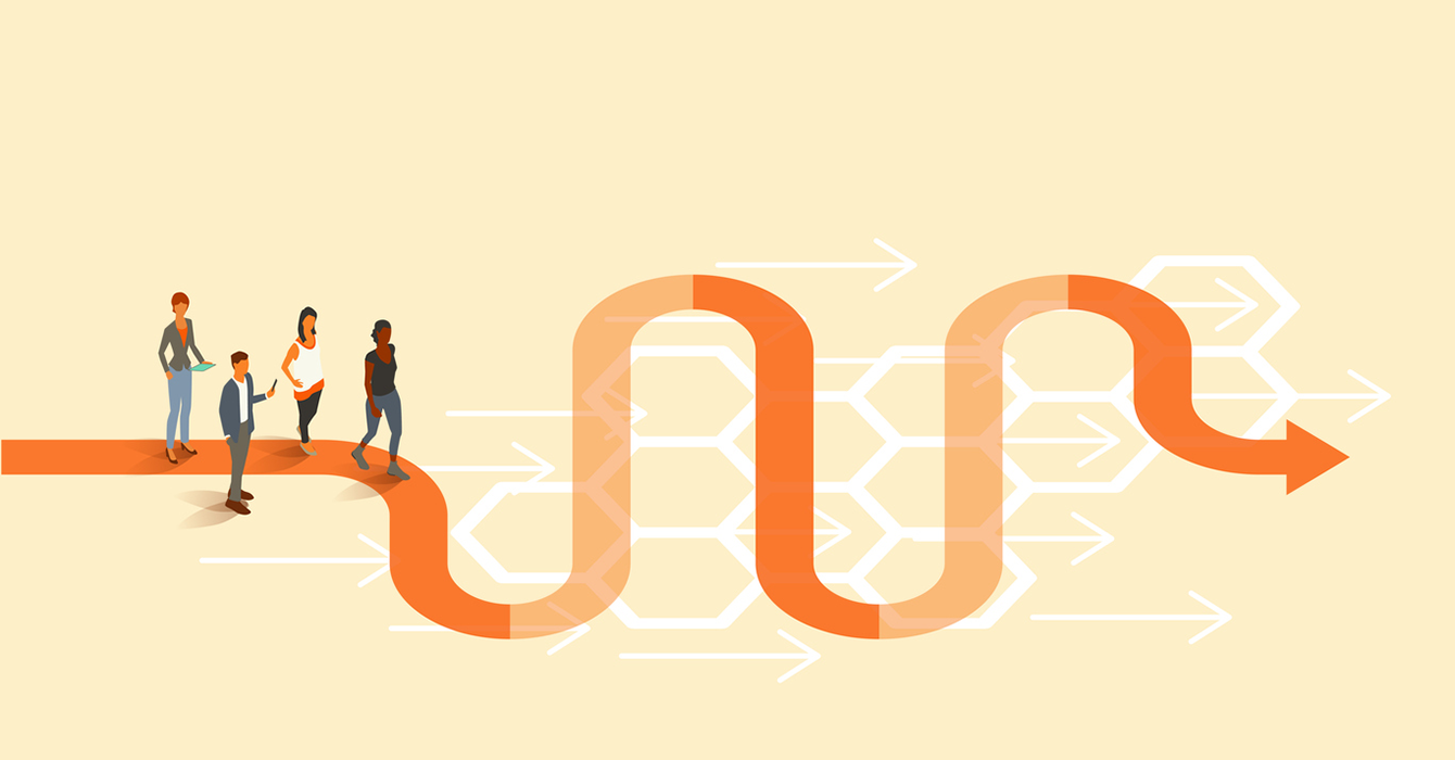 Illustration of four people at the start of a curving, arrow-shaped path