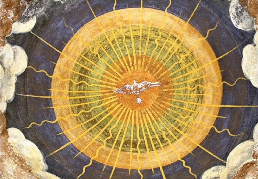 Book cover detail depicting a dove surrounded by a circle of light and clouds