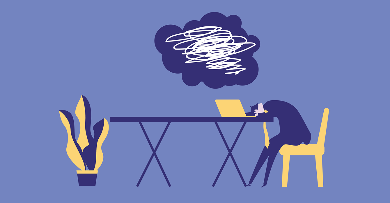 Illustration of a person with their laptop open but their head resting on the table with a cloud of confusion and stress over their head