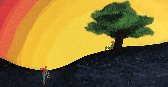 Illustration of a person sitting under a tree while a child climbs up a hill to meet them.