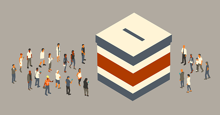 Illustration of people gathering around a large ballot box