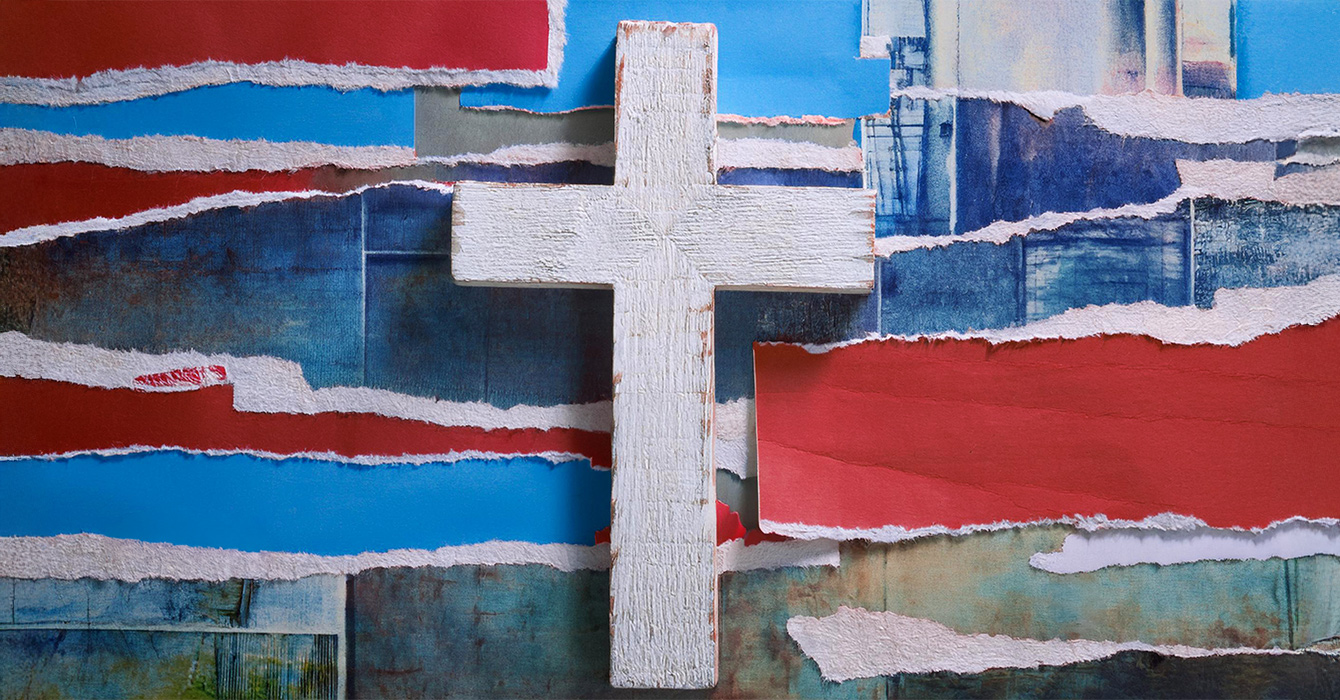 Illustration of a cross surrounded by strips of paper in reds and blues