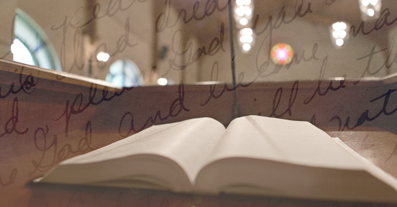 A photo of an open Bible on a pulpit with the words of a scriptural text overlaid