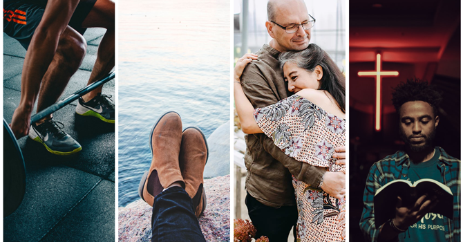 Four-framed photo of person exercising, relaxing, hugging a loved one, and reading their Bible